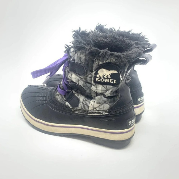 Sorel Tivoli II Leather Plaid Lace-Up Snow Boots Black Gray Purple Size US 5 - Picture 7 of 11